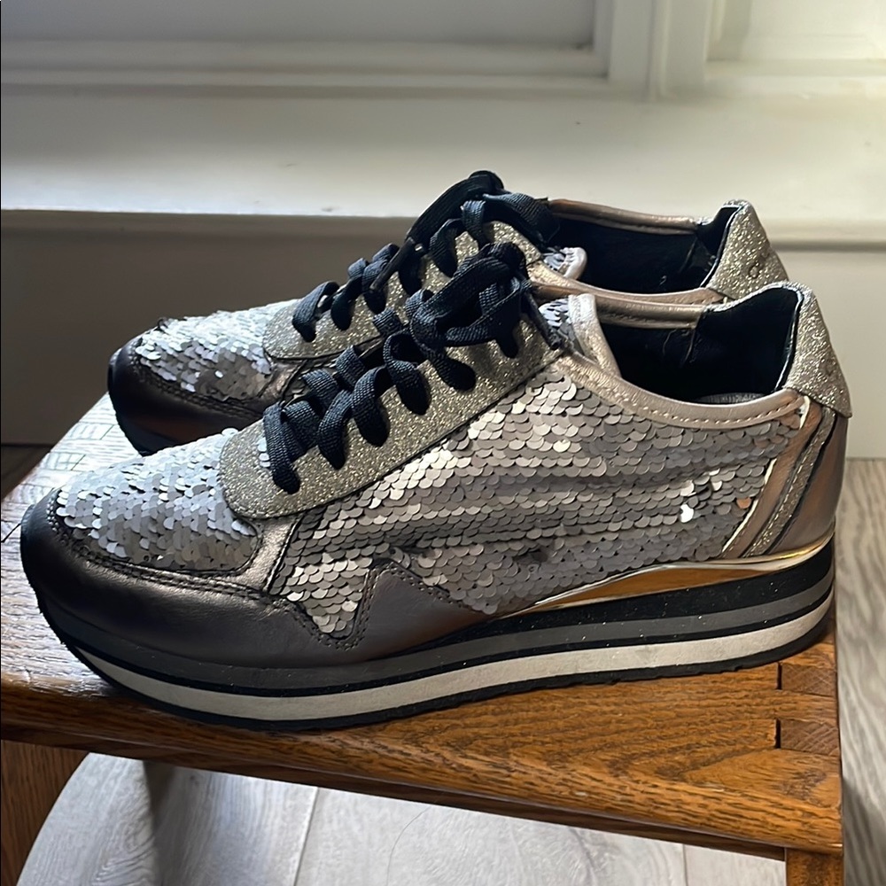 Crime London Silver and Black Sequin Sneakers